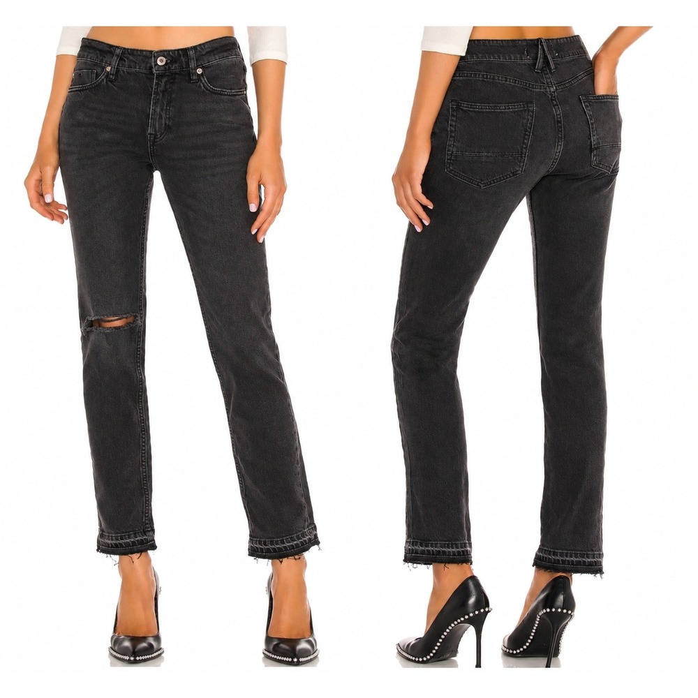 Free People We The Free Cuffed Slim Boyfriend Jeans Distressed Black 30